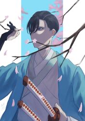  1boy absurdres black_gloves black_hair blue_jacket branch cherry_blossoms covered_mouth empty_eyes expressionless falling_petals fate/grand_order fate_(series) flower gloves hair_over_one_eye hair_pulled_back haori highres holding holding_branch holding_sword holding_weapon jacket japanese_clothes katana kimono looking_to_the_side male_focus multiple_swords outori_(kou02_as) outside_border partially_fingerless_gloves petals pillarboxed pink_flower sheath sheathed shinsengumi short_hair solo sword upper_body violet_eyes weapon white_kimono yamanami_keisuke_(fate) 