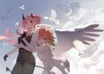  2girls angel angel_and_devil bat_earrings bird couple demon_girl demon_horns demon_tail demon_wings dove earrings feather_earrings feathers gradient_hair hololive hololive_english horns hug hug_from_behind jewelry lisa159878 long_hair mori_calliope multicolored_hair multiple_girls orange_hair pink_hair red_eyes tail takanashi_kiara violet_eyes virtual_youtuber white_bird white_dove wings yuri 