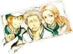  1girl 2boys :p baseball_cap cigarette extra1043 hat hina_(one_piece) long_hair looking_at_viewer low_ponytail multiple_boys one_piece orange_hair photo_(object) pink_hair short_hair smile smoker_(one_piece) tongue tongue_out uniform v white_hair x_drake 