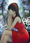  1girl absurdres amagi_yukiko bare_shoulders black_hair blunt_bangs blurry blurry_background breasts brown_eyes chin closed_mouth crossed_legs dress earrings expressionless flower hairband hands_on_own_chin highres ikanote jewelry long_hair looking_at_viewer persona persona_4 red_dress red_hairband sitting sleeveless solo spring_(season) 