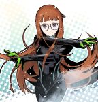  1girl black_bodysuit blunt_bangs bodysuit breasts brown_hair closed_mouth cofffee cowboy_shot crossed_arms floating_hair glasses long_hair looking_at_viewer orange_hair outstretched_arms persona persona_5 sakura_futaba small_breasts smile solo star_(symbol) starry_background very_long_hair violet_eyes 