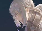  1boy 31tamagokake580 armor bedivere_(fate) blush braid clenched_teeth close-up crying crying_with_eyes_open fate/grand_order fate_(series) flower french_braid from_side green_background green_eyes hair_between_eyes hair_tubes highres long_hair looking_down low_ponytail male_focus portrait profile purple_flower solo tears teeth white_hair 