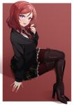  1girl absurdres boots border brown_pantyhose cardigan crossed_legs from_side full_body hand_up highres love_live! love_live!_school_idol_project medium_hair miniskirt necktie nishikino_maki open_mouth pantyhose pukonuu redhead sitting skirt solo striped_necktie thigh_boots violet_eyes white_border 