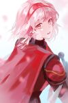  1girl :o armor braid cape fire_emblem fire_emblem_engage hair_ribbon hairband highres lapis_(fire_emblem) looking_at_viewer looking_back milkbean open_mouth pink_eyes pink_hair red_armor red_hairband ribbon short_hair shoulder_armor side_braid solo surprised swept_bangs two-tone_hairband white_ribbon 