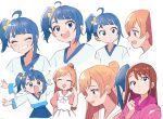  3girls :d ahoge blue_eyes blue_hair blush bow closed_eyes closed_mouth flailing hair_bow hair_bun half_updo highres hijiri_ageha hirogaru_sky!_precure long_hair long_sleeves looking_at_viewer multiple_girls multiple_views nijigaoka_mashiro open_mouth orange_hair precure puffy_sleeves shirt side_ponytail simple_background single_sidelock smile sora_harewataru tsubobot upper_body white_background yellow_bow 