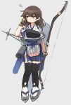  1girl alternate_hairstyle black_thighhighs blue_hakama bow_(weapon) breasts brown_hair dirty dirty_face full_body gloves grey_background hair_down hakama hakama_skirt highres holding holding_bow_(weapon) holding_weapon ina_(1813576) japanese_clothes kaga_(kancolle) kantai_collection muneate partially_fingerless_gloves simple_background single_glove skirt solo squiggle thigh-highs torn_clothes weapon yugake 