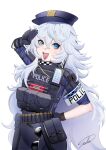  1girl black_gloves blue_eyes blue_headwear blush canalice closed_mouth coat fang gloves goddess_of_victory:_nikke grey_hair hat highres long_hair multiple_views open_mouth poli_(nikke) police police_uniform salute simple_background sparkle uniform 