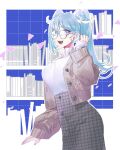  1girl blue_eyes blue_hair blue_wings bookshelf brown_jacket elira_pendora fangs glasses head_wings heterochromia highres jacket long_hair long_skirt lynnear multicolored_hair nijisanji nijisanji_en open_clothes open_jacket ponytail round_eyewear skirt solo violet_eyes virtual_youtuber white_hair wings 