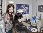  2girls angel_wings ashtray black_hair brown_eyes brown_hair brown_sweater_vest can chair cigarette computer counter-strike_(series) crumpled_paper curtains desk diu9you english_commentary figure furrowed_brow grey_eyes grey_wings haibane_renmei half-life halo hammer_and_sickle highres indoors iwakura_lain jacket keyboard_(computer) long_hair long_sleeves medium_hair mouse_(computer) mousepad_(object) multiple_girls nemu_(haibane) office_chair open_clothes open_jacket open_mouth os-tan paint paintbrush painting_(object) palette_(object) paper pink_jacket playing_games poster_(object) rakka_(haibane) reki_(haibane) serial_experiments_lain smoking speaker star_(symbol) sticker straight_hair sweater_vest swivel_chair tape window wings xp-tan 