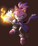  1girl absurdres artist_logo blaze_the_cat fireball gloves highres jacket looking_at_viewer magicbun pants purple_jacket shoes simple_background solo sonic_(series) watermark white_gloves white_pants 