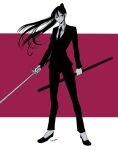  1girl artist_name black_hair formal greyscale_with_colored_background high_ponytail holding holding_sheath holding_sword holding_weapon jigokuraku katana long_hair looking_at_viewer necktie sheath solo suit suit_jacket sword tokumei_syugyou weapon yamada_asaemon_sagiri 