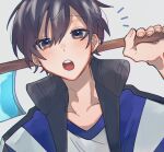  1boy 90_(ku_wo1027) :o behind_back black_hair black_jacket blue_eyes blue_jacket blue_shirt collarbone collared_jacket commentary double-parted_bangs fingernails gradient_hair hair_between_eyes hoe holding_hoe jacket kintoki_(white_tails) light_blush long_neck looking_at_viewer male_focus minecraft multicolored_clothes multicolored_eyes multicolored_hair multicolored_jacket notice_lines open_clothes open_jacket open_mouth pink_nails shirt short_hair simple_background solo t-shirt teeth two-tone_shirt upper_body upper_teeth_only virtual_youtuber white_jacket white_shirt white_tails yellow_eyes 