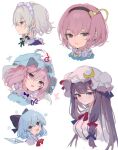  5girls :d absurdres black_hairband blue_bow blue_eyes blue_hair blue_ribbon bow braid cirno closed_mouth crescent crescent_hat_ornament detached_wings dress green_ribbon grey_hair hair_between_eyes hair_bow hair_ornament hair_ribbon hairband hat hat_ornament hat_ribbon heart heart_hair_ornament highres ice ice_wings izayoi_sakuya kani_nyan komeiji_satori long_hair looking_at_viewer looking_to_the_side maid_headdress mob_cap multiple_girls open_mouth patchouli_knowledge pink_eyes pink_hair purple_hair red_ribbon ribbon saigyouji_yuyuko short_hair simple_background sketch smile touhou triangular_headpiece twin_braids violet_eyes white_background white_dress white_headwear wings 