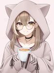  1girl absurdres animal_hood berry black_choker brown_eyes brown_hair brown_hoodie choker earrings ears_through_headwear food-themed_earrings glasses grin highres hololive hololive_english hood hood_up hoodie jewelry long_hair looking_at_viewer mintz912 multicolored_hair nanashi_mumei necklace official_alternate_costume red_sweater round_eyewear runes sleeves_past_wrists smile streaked_hair sweater virtual_youtuber 