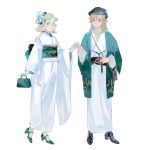  1boy 1girl absurdres bag belt belt_buckle black_headwear blonde_hair blue_eyes braid brown_belt buckle closed_mouth commentary_request earrings flower full_body gloves green_eyes hair_between_eyes hair_ornament hairclip handbag hat hat_flower highres holding holding_bag holding_hands japanese_clothes jewelry kimono link long_sleeves looking_at_viewer obi official_alternate_hair_length official_alternate_hairstyle parted_bangs parted_lips pointy_ears princess princess_zelda sash shoes socks standing the_legend_of_zelda the_legend_of_zelda:_breath_of_the_wild the_legend_of_zelda:_tears_of_the_kingdom white_background white_gloves white_kimono xiangzizg 