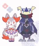  1boy 1girl :3 alternate_color alternate_shiny_pokemon animal_ear_fluff animal_ears animal_nose arms_at_sides black_pants black_shirt blue_cape blue_capelet blue_eyes blue_flower blue_skin blush body_fur bow bowtie braixen cape capelet chibi colored_skin commentary_request covered_mouth dress earrings fins flower flower_earrings fox_ears fox_girl fox_tail frog_boy full_body furry furry_female furry_male greninja grey_footwear grey_fur half-closed_eyes happy head_fins jewelry juliet_sleeves kiki_(431642) light_blush long_sleeves looking_at_viewer lowres multicolored_clothes multicolored_dress multicolored_skin muneate ninja open_mouth pants partial_commentary pokemon pokemon_(creature) puffy_pants puffy_sleeves purple_footwear red_bow red_bowtie red_eyes red_flower red_scarf sandals scarf shirt short_dress single_earring smile standing straight-on tail thigh-highs two-tone_fur two-tone_skin two-tone_thighhighs white_background white_fur white_scarf white_thighhighs yellow_skin 