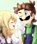  1boy 1girl ;) absurdres blonde_hair blue_eyes blue_overalls brown_hair closed_mouth commentary crystal english_commentary facial_hair fang flandre_scarlet gloves green_background highres index_finger_raised long_sleeves looking_at_another looking_at_viewer luigi mustache no_headwear one_eye_closed open_mouth overalls ruu_(ruigi12) short_sleeves skin_fang smile solo super_mario_bros. touhou upper_body white_gloves wings 