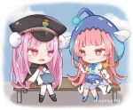  2girls blue_bow blue_bowtie blunt_bangs bow bowtie capelet chibi coat double_bun fish_hat hair_bun hat heaven_burns_red highres kunimi_tama military_hat multiple_girls pink_hair red_eyes skirt thigh-highs white_coat white_thighhighs 