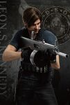  1boy arm_hair black_gloves black_pants blue_shirt brown_hair bulletproof_vest character_name closed_mouth gloves holding holding_weapon leon_s._kennedy male_focus pants parted_bangs resident_evil resident_evil:_death_island shirt short_hair short_sleeves simple_background solo standing watch watch weapon 