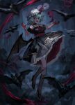  1girl :d absurdres alternate_costume ascot bat_(animal) bat_wings black_dress black_footwear blood blood_on_hands blue_hair dress full_body hat hat_ribbon henginnnnnn high_heels highres looking_at_viewer mob_cap open_mouth outdoors red_ascot red_eyes red_ribbon remilia_scarlet ribbon short_hair smile standing standing_on_one_leg touhou white_headwear wings 