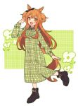 1girl alternate_costume animal_ears black_footwear blush boots collared_dress dress flat_chest full_body green_dress hand_up horse_ears horse_girl horse_tail long_hair long_sleeves looking_at_viewer mayano_top_gun_(umamusume) nm222hz open_mouth orange_hair outstretched_arm salute smile solo standing standing_on_one_leg tail twitter_username two_side_up umamusume watermark yellow_eyes 
