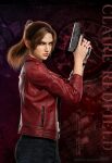  1girl black_pants character_name claire_redfield closed_mouth copyright_name darkness gun handgun high_ponytail holding holding_weapon jacket long_sleeves looking_at_viewer pants parted_bangs pocket red_jacket red_sleeves resident_evil resident_evil:_infinite_darkness solo upper_body v-shaped_eyebrows weapon zipper 
