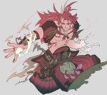  1boy b_exjo2 belt blonde_hair clenched_hand closed_mouth fang fire gourd granblue_fantasy grey_background long_hair looking_at_viewer male_focus multicolored_hair muscular muscular_male outstretched_arm red_eyes redhead smile solo wilnas_(granblue_fantasy) 
