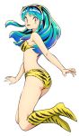  1girl absurdres aqua_hair bikini boots full_body highres horns long_hair looking_at_viewer lum non-web_source official_art oni_horns open_mouth orange_eyes pointy_ears solo strapless swimsuit tiger_stripes transparent_background urusei_yatsura 