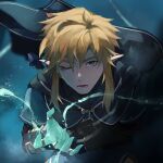  1boy blonde_hair blue_eyes cape cowboy_shot green_background hand_up highres jewelry lavabun leaning_forward link long_sleeves lower_teeth_only male_focus one_eye_closed open_mouth pointy_ears ring sidelocks solo teeth the_legend_of_zelda the_legend_of_zelda:_breath_of_the_wild 