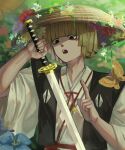  1boy blonde_hair bug butterfly hat hime_cut holding holding_sword holding_weapon japanese_clothes jigokuraku kataginu katana open_mouth rice_hat robe salat3991 short_hair solo sword weapon white_robe yamada_asaemon_fuchi 