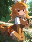  1girl :3 absurdres animal_ears blush brown_eyes brown_fur brown_gloves brown_skirt brown_thighhighs brown_vest dhole_(kemono_friends)_(old_design) dog_ears dog_girl dog_tail elbow_gloves fur_collar gloves highres kemono_friends koutsuu_(koutuukanseikan) looking_at_viewer plaid plaid_skirt pleated_skirt seiza shirt short_sleeves sitting skirt solo t-shirt tail thigh-highs vest waving white_shirt zettai_ryouiki 