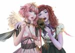  2girls angel_wings black_mask black_nails blue_eyes chariclo_arganthone_cupid colored_skin dress feathered_wings holding holding_mask jewelry long_hair looking_at_viewer mask monster_high multiple_girls operetta_(monster_high) pink_dress pink_gemstone pink_hair pink_skin puffy_short_sleeves puffy_sleeves purple_skin red_lips redhead ring short_hair short_sleeves toshiasan two_side_up wavy_hair white_wings wings 