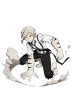  1boy bad_source black_hair black_necktie black_pants bungou_stray_dogs claws collared_shirt grey_hair male_focus multicolored_hair nakajima_atsushi_(bungou_stray_dogs) necktie official_art pants serious shirt solo spread_legs streaked_hair tiger_boy tiger_stripes torn_clothes torn_pants transparent_background white_shirt 