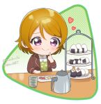  1girl brown_hair brown_jacket chibi closed_mouth collared_shirt commentary cup eyelashes food hand_on_own_cheek hand_on_own_face heart jacket kettle kikuchi_mataha koizumi_hanayo long_sleeves love_live! love_live!_school_idol_project onigiri open_clothes open_jacket pickle polka_dot polka_dot_background print_shirt shirt smile solo table tiered_tray twitter_username violet_eyes yunomi 