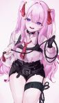  1girl :d absurdres belt black_gloves gloves goddess_of_victory:_nikke highres holding holding_whip long_hair looking_at_viewer mile_(off8mile) necktie open_mouth pink_hair shorts simple_background single_glove smile solo teeth thigh_strap violet_eyes white_background yuni_(nikke) 