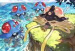  absurdres bucket clouds day grass highres leaf no_humans ocean outdoors pokemon pokemon_(creature) sky sleeping tapioka_chaso tentacles tentacruel toedscruel tree water zzz 