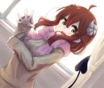  1girl ahoge blush breasts brown_eyes brown_hair brown_sweater demon_girl demon_horns demon_tail fang horns indoors kuramoto_takato large_breasts long_hair looking_at_viewer machikado_mazoku open_mouth scarf smile solo sweater tail yoshida_yuuko_(machikado_mazoku) 