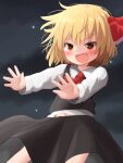 &gt;:) 1girl ascot black_skirt blonde_hair blush bow commentary_request fang hair_bow hanbun_kyojaku highres messy_hair midriff_peek navel night night_sky open_mouth outstretched_arms paid_reward_available red_bow red_eyes rumia shirt short_hair skin_fang skirt sky smile solo touhou v-shaped_eyebrows vest white_shirt 