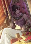  1boy abs arjuna_(fate) bare_arms black_eyes black_hair closed_mouth cup fate/grand_order fate_(series) fruit_bowl iketsumi jewelry muscular muscular_male necklace pants see-through sitting solo throne white_pants 