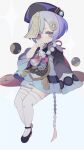  1girl bead_necklace beads blush braid braided_ponytail closed_mouth coin_hair_ornament dress full_body genshin_impact hair_ornament hair_ribbon hat highres jewelry kii_(kiiui) long_hair looking_at_viewer necklace ofuda pink_eyes purple_hair purple_ribbon qing_guanmao qiqi_(genshin_impact) ribbon simple_background solo tassel thigh-highs white_thighhighs wide_sleeves 