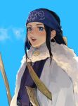  1girl asirpa black_hair blue_eyes earrings golden_kamuy highres honwaka_zz hoop_earrings jewelry open_mouth solo upper_body 