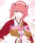  1girl basket capelet cherry_blossoms fire_emblem fire_emblem_heroes flower flower_bracelet hair_ornament hairband highres holding holding_basket japanese_clothes kimono long_sleeves looking_at_viewer misato_hao official_alternate_costume open_mouth petals pink_eyes pink_hair red_capelet sakura_(valentine)_(fire_emblem) short_hair smile solo white_hairband white_kimono wide_sleeves 