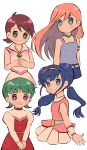  4girls aqua_eyes armband bare_arms bare_shoulders blue_eyes blue_hair blue_skirt blunt_bangs choker creme cropped_torso doraemon doraemon:_nobita_no_makai_daibouken doraemon:_nobita_no_ningyo_daikaisen doraemon:_nobita_no_uchuu_kaitakushi doraemon:_nobita_to_tetsujin_heidan double_bun dress floating_hair green_eyes grey_hair hair_bun hairband highres jewelry juliet_sleeves logo long_hair long_sleeves looking_to_the_side low-tied_long_hair low_twintails mangetsu_miyoko multiple_girls necklace own_hands_together pendant pink_dress pink_hair pink_shirt pleated_skirt puffy_sleeves reaching_towards_viewer red_dress redhead riruru shirt short_hair simple_background skirt sleeveless sleeveless_dress smile sophia_(doraemon) sumi_(user_evka8372) twintails v_arms white_background 