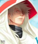  1boy artist_name asiriyep closed_mouth hat hatake_sakumo highres looking_at_viewer naruto naruto_(series) naruto_shippuuden realistic signature smile solo solo_focus spiky_hair white_hair 