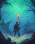  1boy arrow_(projectile) bare_tree blonde_hair brown_gloves fire flame forest gloves grass green_sky hand_up holding holding_torch jay_(inkeyjay) korok link nature outdoors pants quiver shield short_hair solo_focus the_legend_of_zelda the_legend_of_zelda:_breath_of_the_wild torch tree weapon weapon_on_back 