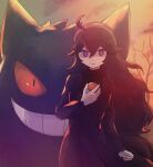  1girl ahoge bare_tree black_dress black_hair clouds commentary_request dress gengar hair_between_eyes hairband hand_up hex_maniac_(pokemon) holding holding_poke_ball kiritanpo_mesi long_hair long_sleeves looking_at_viewer outdoors parted_lips poke_ball poke_ball_(basic) pokemon pokemon_(creature) pokemon_(game) pokemon_xy sky tree twilight 