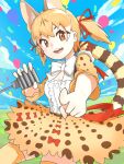  1girl animal_ears belt bow bowtie brown_eyes brown_hair cat_ears cat_girl cat_tail extra_ears highres kemono_friends kemono_friends_v_project kneehighs large-spotted_genet_(kemono_friends) long_hair looking_at_viewer microphone ribbon shirt skirt socks solo suspenders tail twintails virtual_youtuber y0whqzz8bkslezl 