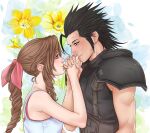  1boy 1girl aerith_gainsborough armor black_hair blue_eyes braid braided_ponytail brown_hair closed_mouth commentary couple crisis_core_final_fantasy_vii crylin6 dress earrings eye_contact final_fantasy final_fantasy_vii floral_background flower from_side green_eyes hair_ribbon height_difference highres holding_hands jewelry long_hair looking_at_another pink_ribbon ribbon scar scar_on_cheek scar_on_face shoulder_armor sidelocks sleeveless sleeveless_dress sleeveless_turtleneck smile spiky_hair stud_earrings sunflower sweater symbol-only_commentary turtleneck turtleneck_sweater upper_body white_dress zack_fair 