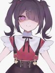  1girl 7se_(7x2_se) ame-chan_(needy_girl_overdose) black_hair black_ribbon black_skirt closed_mouth collar collared_shirt hair_ornament hair_over_one_eye hair_tie hairclip highres looking_at_viewer medium_hair neck_ribbon needy_girl_overdose red_shirt ribbon shaded_face shirt shirt_tucked_in simple_background skirt smile solo suspender_skirt suspenders twintails violet_eyes white_background white_collar x_hair_ornament 