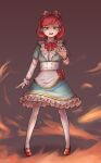  1girl :d absurdres animal_ears annie_(league_of_legends) arm_at_side blue_dress blue_eyes bob_cut bow bowtie breasts brown_background cat_ears commentary_request dress dress_bow fake_animal_ears fire frilled_dress frills full_body hair_bow hairband highres jangdondan korean_commentary league_of_legends mary_janes outstretched_hand pantyhose pink_bow pink_bowtie pink_hairband red_footwear redhead shoes short_hair small_breasts smile solo swept_bangs teeth two-tone_dress underlighting upper_teeth_only white_dress white_pantyhose 